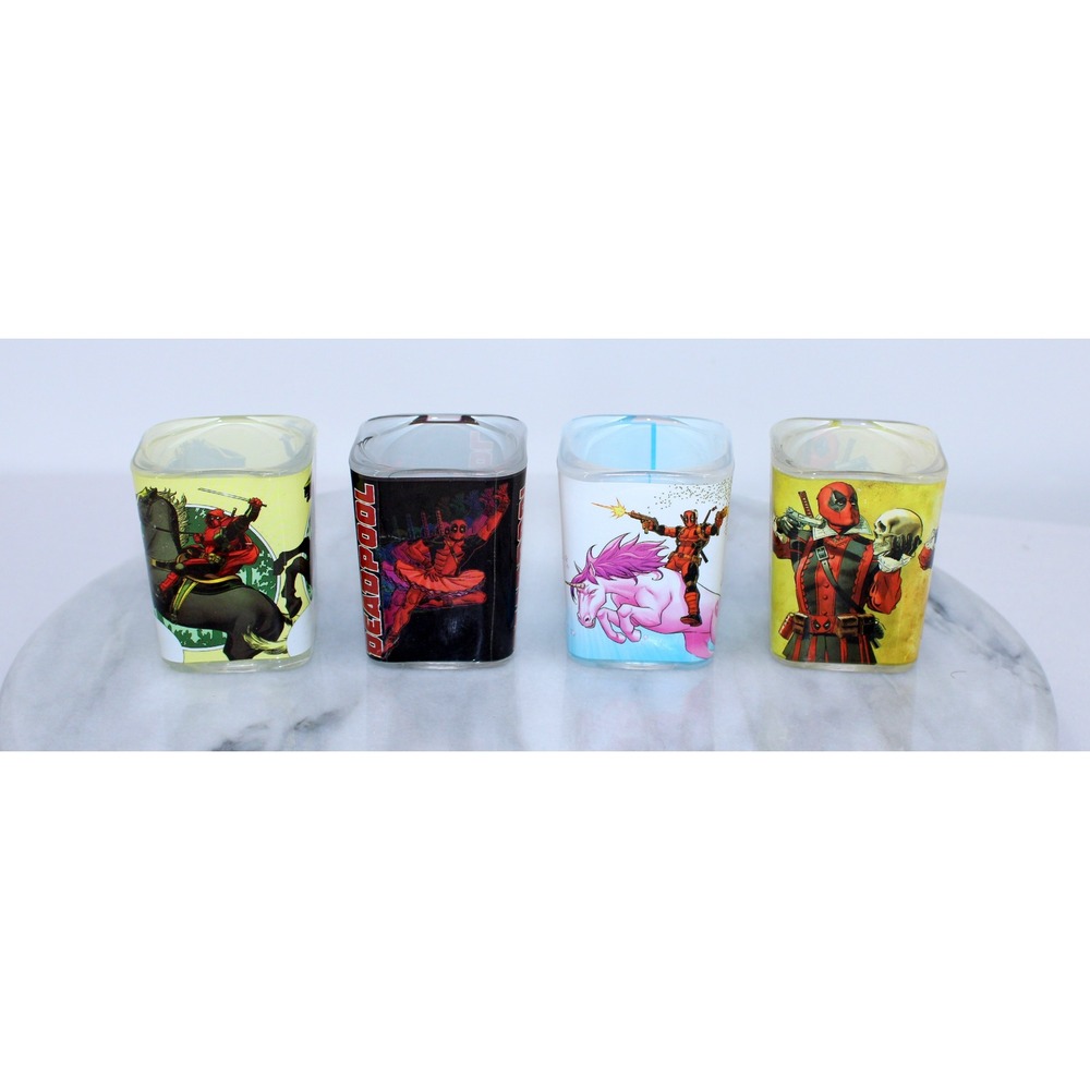 Marvel Deadpool Shot Glass Set 4 Pack Square 1.5oz Silver Buffalo Comic Graphics